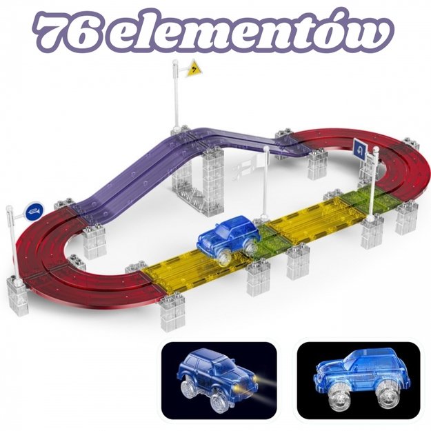 Magnetinė lenktynių trasa su šviečiančiu automobiliu 76 vnt., WOOPIE 4