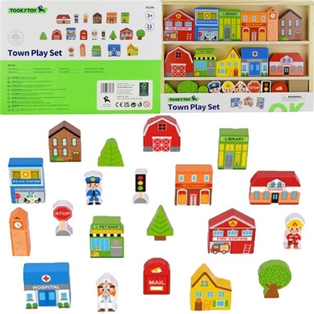 Medinių pastatų ir figūrėlių rinkinys, TOOKY TOY