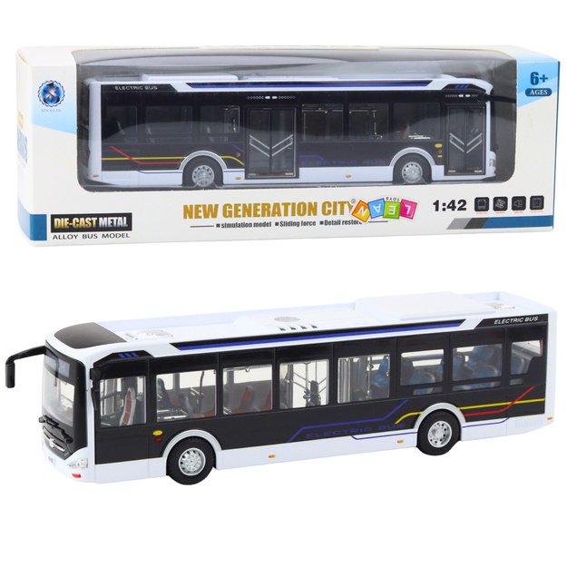 Metalinis miesto autobusas su šviečiančiais žibintais ir garso efektais 1:42, baltas