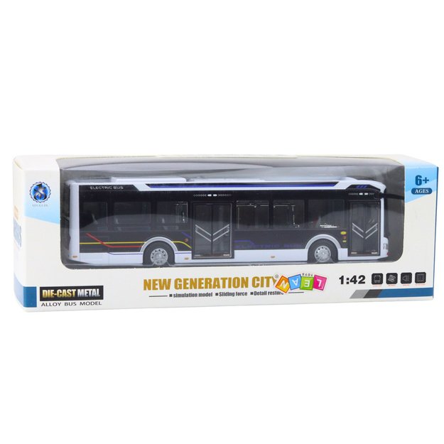 Metalinis miesto autobusas su šviečiančiais žibintais ir garso efektais 1:42, baltas 2