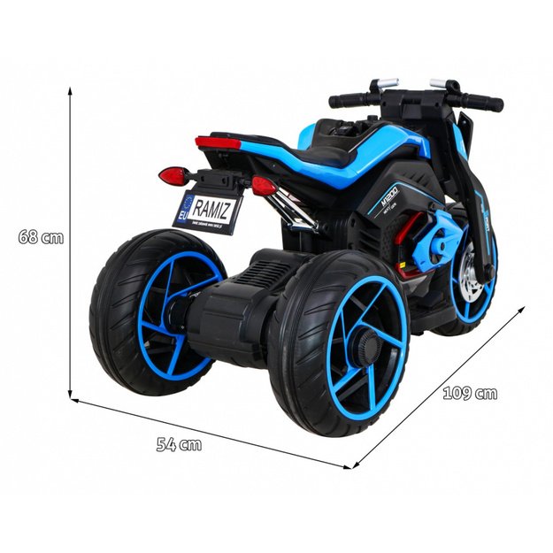 Vaikiškas elektrinis motociklas su trimis ratais, mėlynas