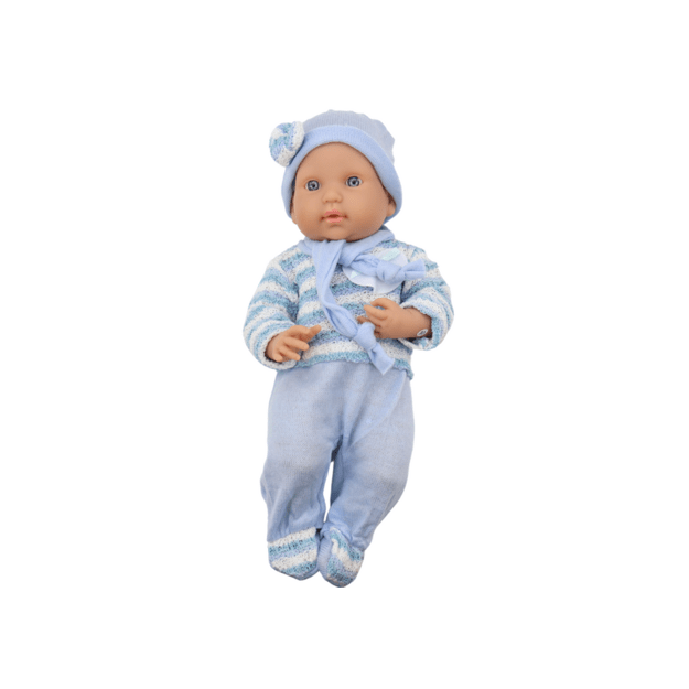 Lėlė kūdikis su mėlynais drabužiais ir priedais