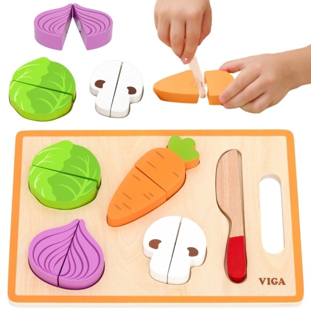 Medinė Montessori edukacinė dėlionė „Daržovės pjaustymui“, VIGA