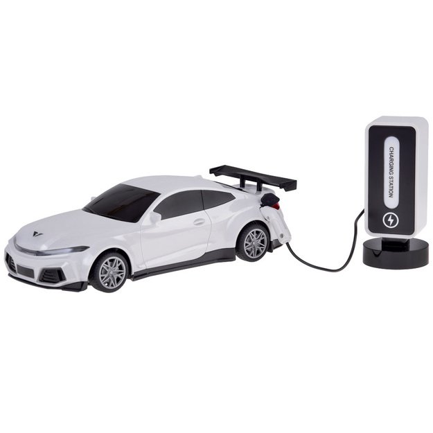 Nuotoliniu būdu valdomas lenktyninis automobilis su šviesos ir garso efektais, baltas