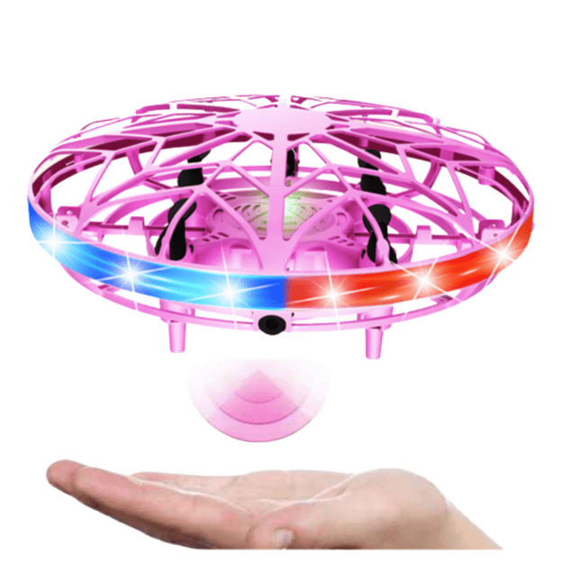 Rankomis valdomas UFO dronas su LED šviesomis, rožinis