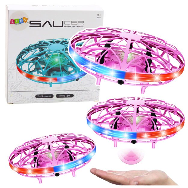 Rankomis valdomas UFO dronas su LED šviesomis, rožinis