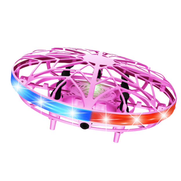 Rankomis valdomas UFO dronas su LED šviesomis, rožinis