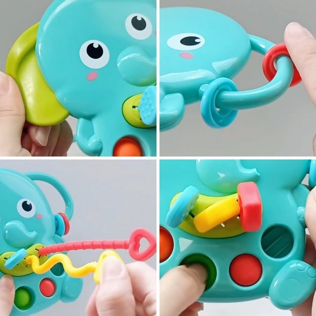 Montessori jutiminis kramtukas vaikams 4in1 „Dramblys“, WOOPIE BABY 4