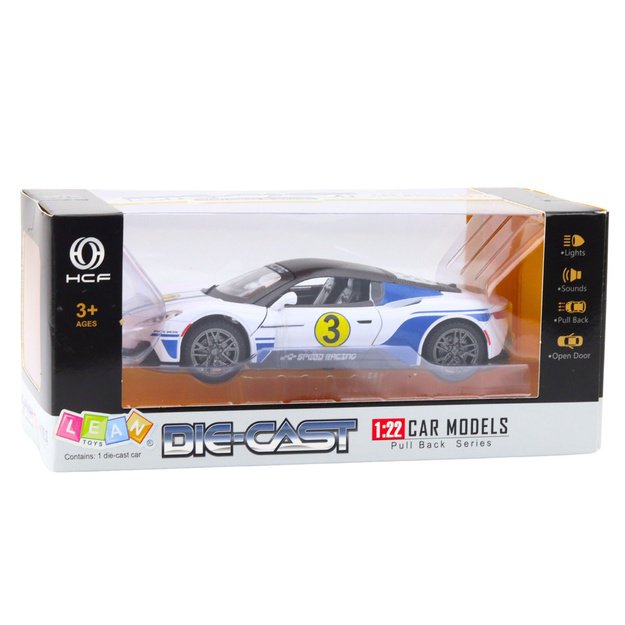 Metalinis sportinis automobilis su šviesomis ir garsais  1:22, baltas 4