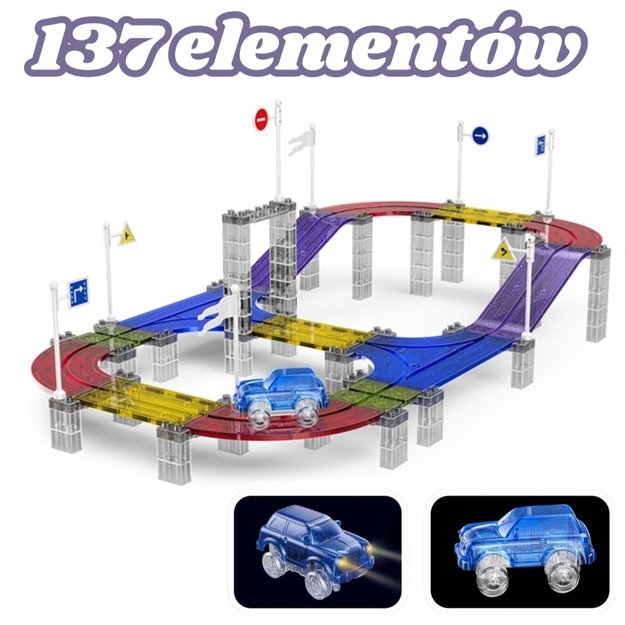 Magnetinė lenktynių trasa su šviečiančiu automobiliu 137 vnt., WOOPIE 4