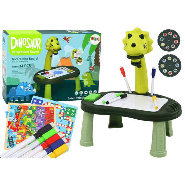 Piešimo ir žaidimų stalas dinozauras su projektoriumi, žalias