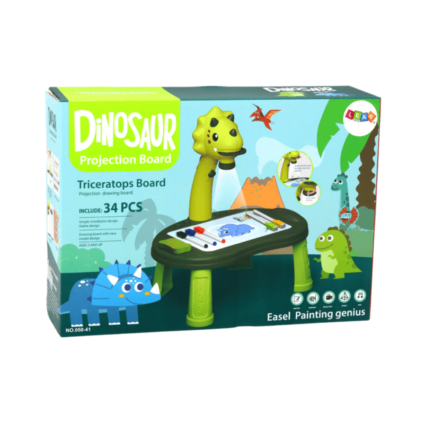 Piešimo ir žaidimų stalas dinozauras su projektoriumi, žalias