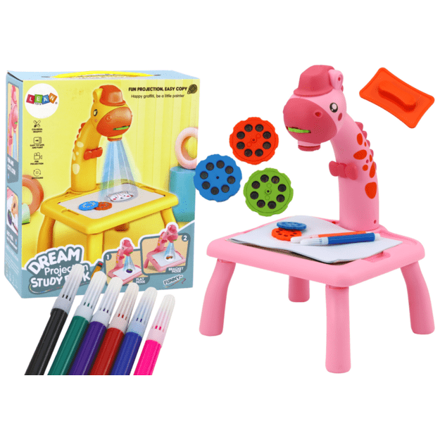 Piešimo stalas su žirafos projektoriumi ir priedais, rožinis