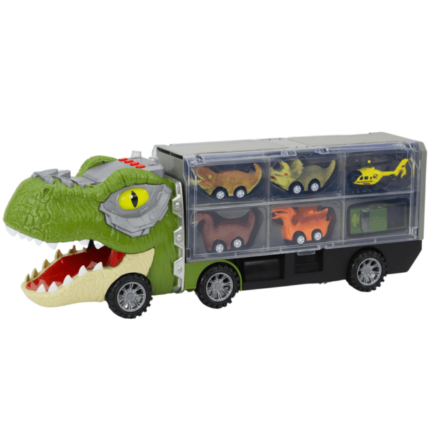 Sunkvežimis dinozauras Reshoot Truck su automobiliais 6vnt, žalias