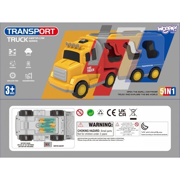 Sunkvežimio ir 4 automobilių rinkinys su garso ir šviesos efektais, ugniagesiai, Woopie