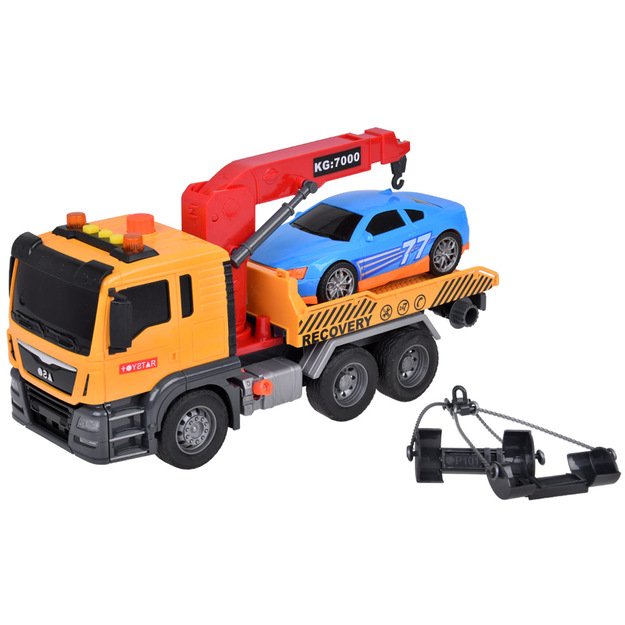 Sunkvežimis transporteris su kranu ir sportiniu automobiliu 
