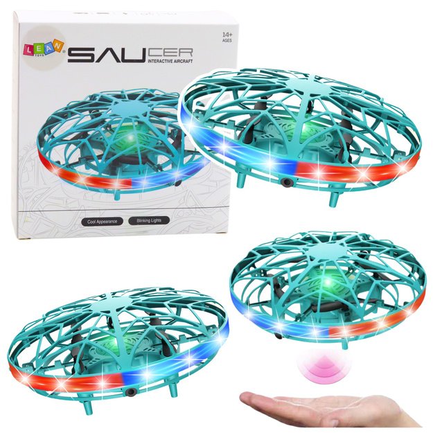 Rankomis valdomas UFO dronas su LED šviesomis, mėlynas