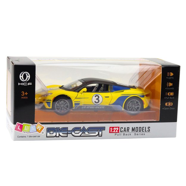 Metalinis sportinis automobilis su šviesomis ir garsais 1:22, geltonas 4