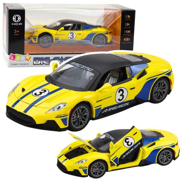 Metalinis sportinis automobilis su šviesomis ir garsais 1:22, geltonas