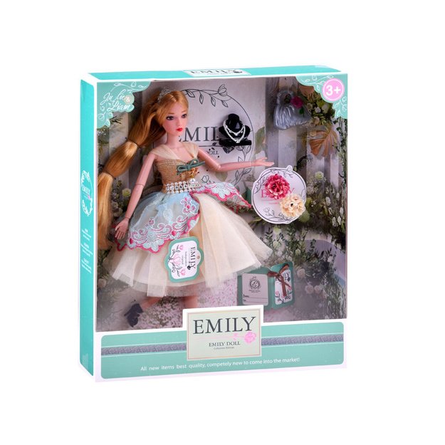 Lėlė Emily kokteiline suknele ir rankinuku