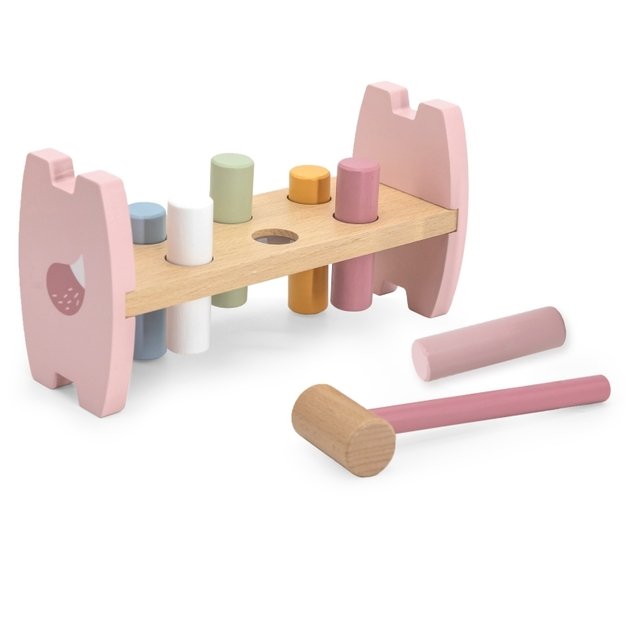 Medinis Montessori lavinamasis žaidimas su plaktuku, rožinis, Viga