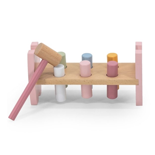 Medinis Montessori lavinamasis žaidimas su plaktuku, rožinis, Viga