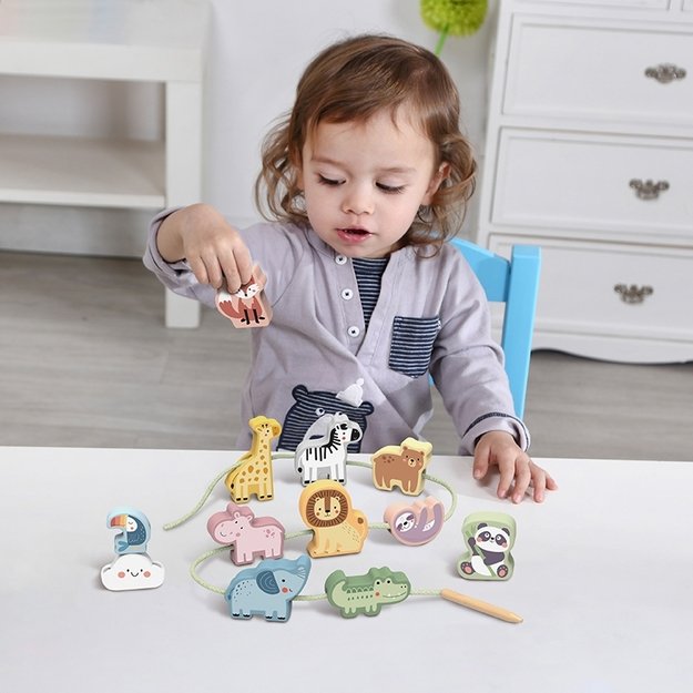 Montessori „Zoo“ mediniai sriegimo blokeliai vaikams 13 el., WOOPIE GREEN