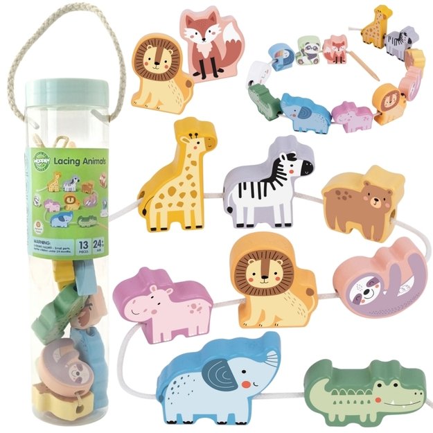 Montessori „Zoo“ mediniai sriegimo blokeliai vaikams 13 el., WOOPIE GREEN
