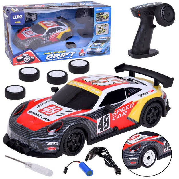 Nuotoliniu būdu valdomas sportinis „Drift Super Race“ automobilis, raudonas