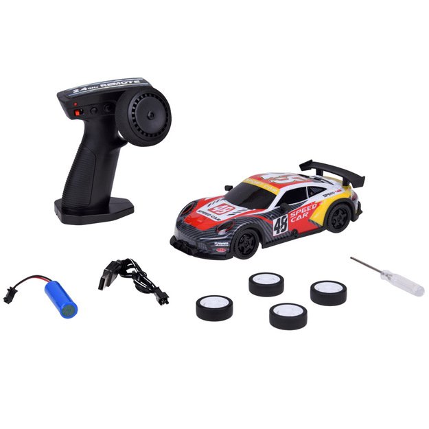 Nuotoliniu būdu valdomas sportinis „Drift Super Race“ automobilis, raudonas