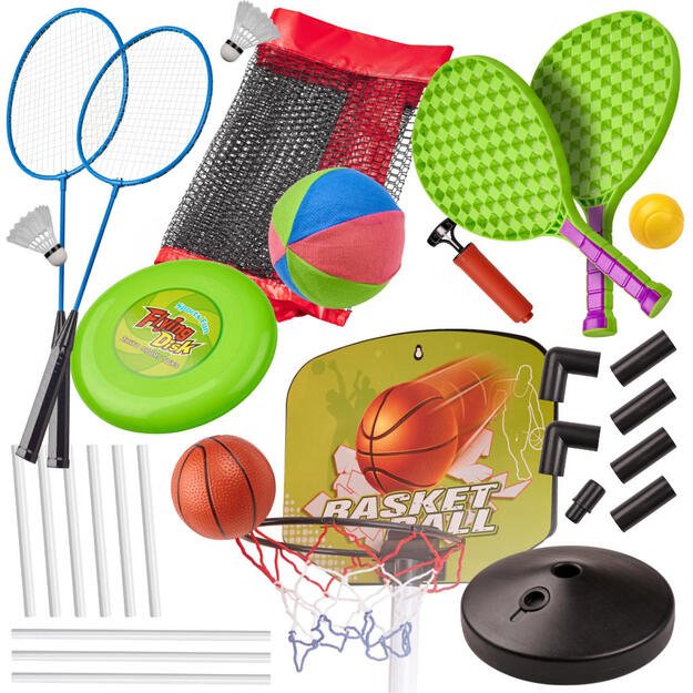 Sporto rinkinys 5in1 badmintonas krepšinis tinklinis tenisas frisbis