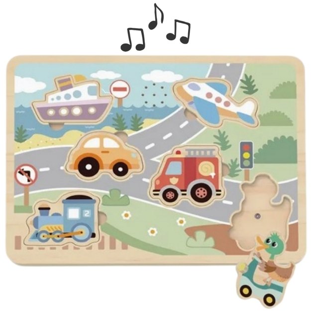 Medinė interaktyvi dėlionė vaikams “Automobiliai”, TOOKY TOY