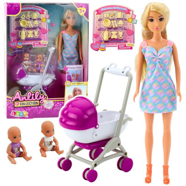 Lėlė Anlily mama su dviem vaikais, vežimėliu ir priedais
