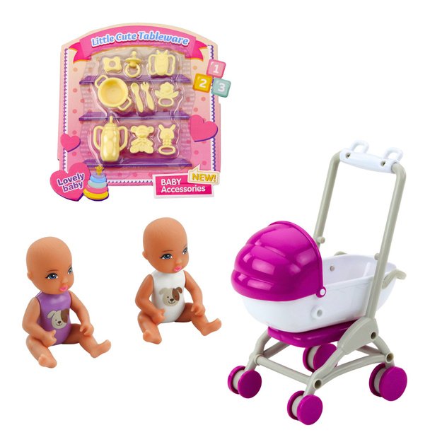 Lėlė Anlily mama su dviem vaikais, vežimėliu ir priedais 2