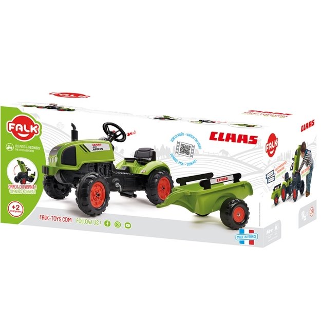Vaikiškas minamas traktorius su kaušu ir priekaba CLAAS Falk, žalias