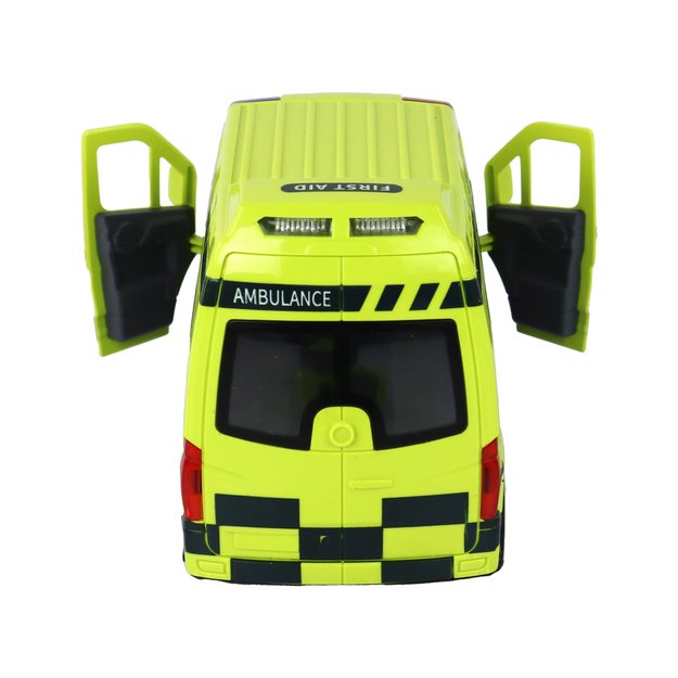 Nuotoliniu būdu valdomas greitosios pagalbos automobilis su šviesos ir garso efektais, geltonas
