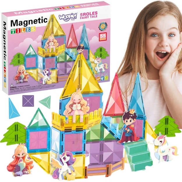 Magnetiniai 3D statybiniai blokai vaikams „Pasakų pilis“, 55 vnt., WOOPIE