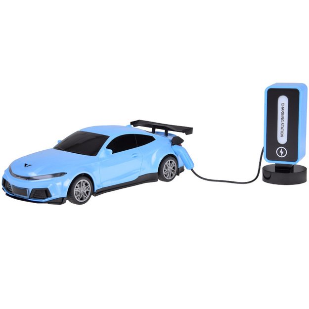 Nuotoliniu būdu valdomas lenktyninis automobilis su šviesos ir garso efektais, mėlynas