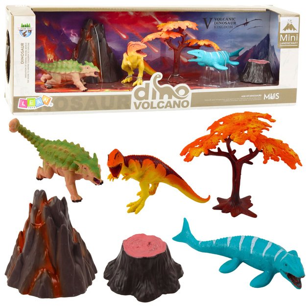 Realistinių dinozaurų figūrėlių rinkinys „Vulkanas ir medis“, 6 vnt.