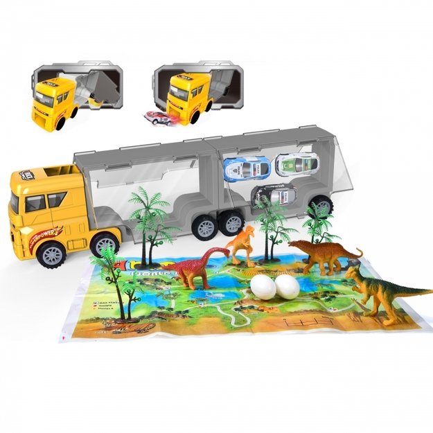 Transportavimo sunkvežimis su dinozaurų rinkiniu ir automobiliais 2in1, WOOPIE 2