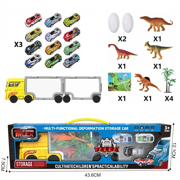 Transportavimo sunkvežimis su dinozaurų rinkiniu ir automobiliais 2in1, WOOPIE 3