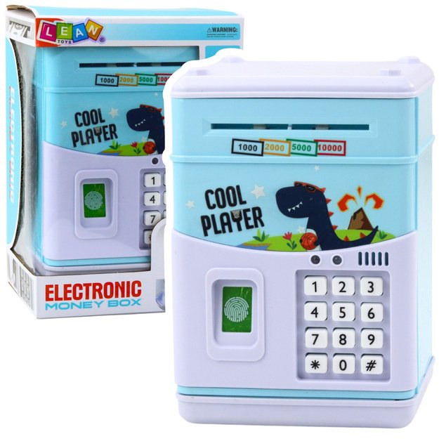 Elektroninė taupyklė - seifas ATM su dinozauro motyvu,  mėlyna