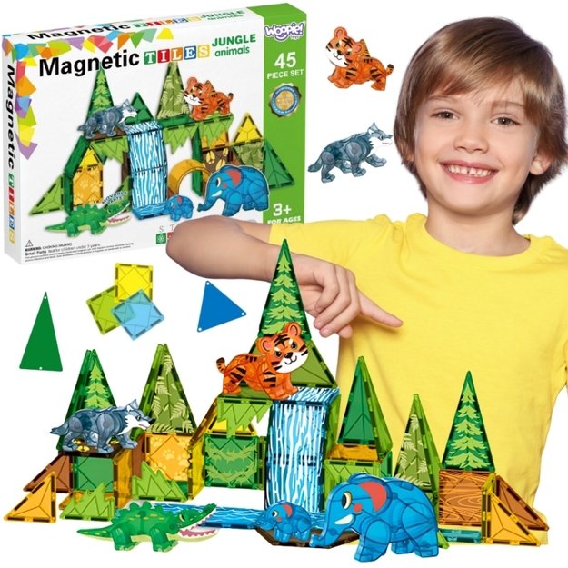 Magnetinis 3D statybinių blokų rinkinys vaikams „Džiunglių gyvūnai“, 45 vnt., WOOPIE