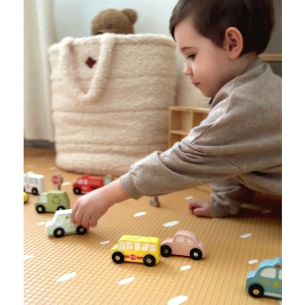 Medinių transporto priemonių ir kelio ženklų rinkinys dėžutėje, TOOKY TOY