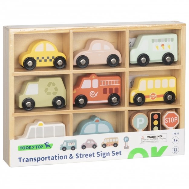 Medinių transporto priemonių ir kelio ženklų rinkinys dėžutėje, TOOKY TOY