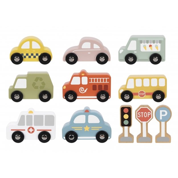 Medinių transporto priemonių ir kelio ženklų rinkinys dėžutėje, TOOKY TOY