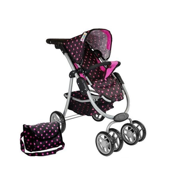 Lėlių vežimėlis su krepšiu 2in1, juodai rožinis