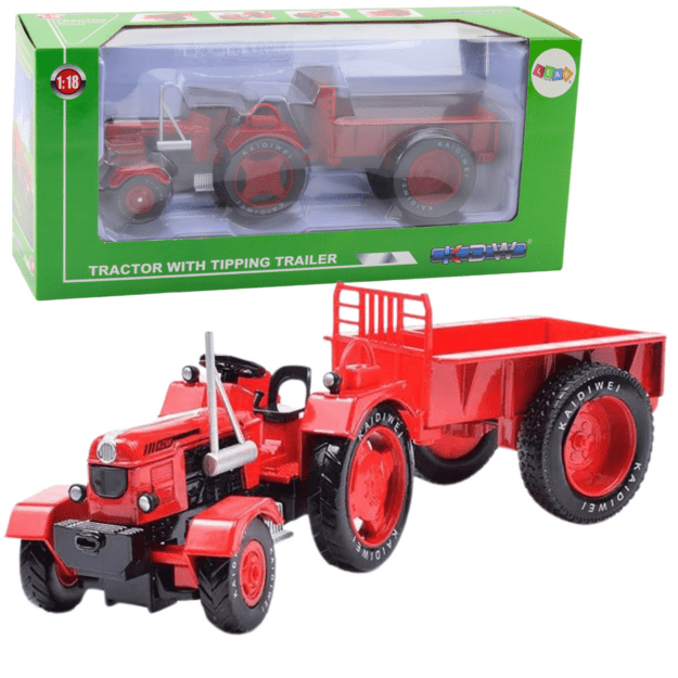 Metalinis ūkio traktorius su priekaba 1:18, raudonas