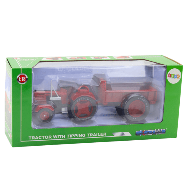 Metalinis ūkio traktorius su priekaba 1:18, raudonas