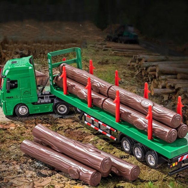 Metalinis medienos transportavimo sunkvežimis su rąstais 1:50, žalias 2